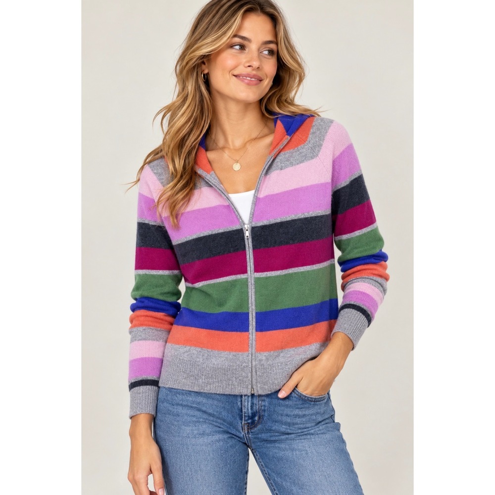 Investments Womens XL colorful stripe full Zip Hood cashmere Sweater chic boho